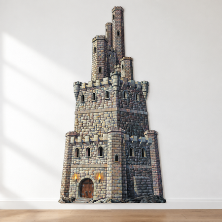 Castle tower wall decoration against a white wall above a wood floor, with soft light and shade in square format