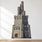 Castle tower wall decoration against a white wall above a wood floor, with soft light and shade in square format