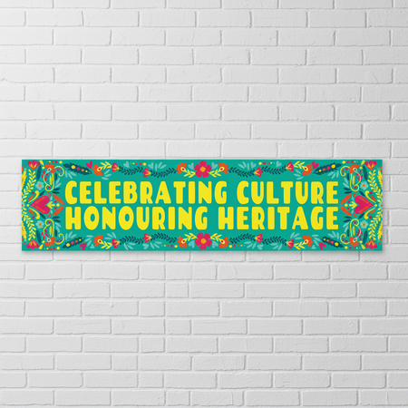 Celebrating Culture Banner on White Brick Wall