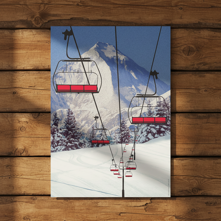 Chairlift Ski Scene Poster on Log Cabin Wall
