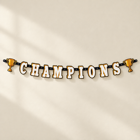 Champions banner on a cream wall with soft light and shade, in square format