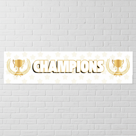 Champions Banner on White Brick Wall