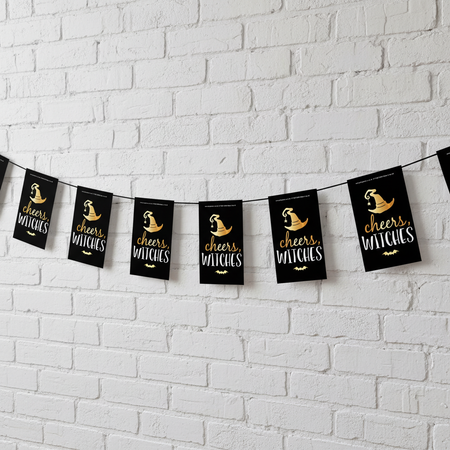Cheers Witches Bunting on White Brick Wall