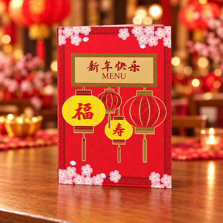 Chinese New Year menu card centred on a wood table with a blurred festive background, square format