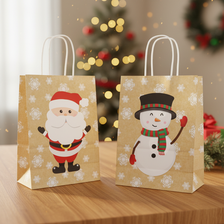 Christmas gift bags on a wooden table