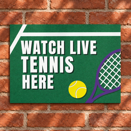 Close-up A3 tennis poster on a red brick wall with natural light and shade, in square format