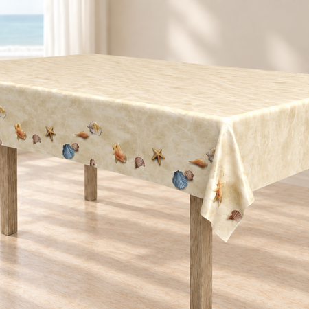 Close-up cropped view of the shell-patterned table