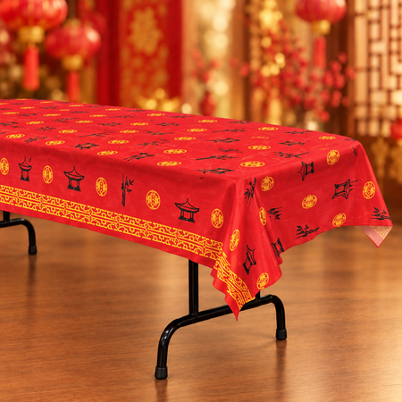 Close-up of half of the red Chinese New Year table cover on a folding table, square format
