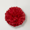 Close-up red tissue pom pom hanging against a white wall with soft light and shade