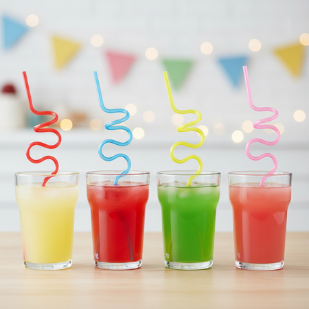 Colourful Crazy Loop Straws in Clear Pint Glasses with Drinks on Table