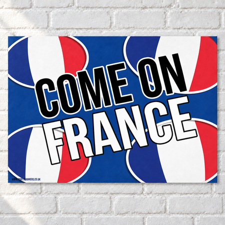Come On France poster on a white brick wall with soft light and shade, in square format