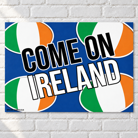 Come On Ireland poster on a white brick wall with soft light and shade, in square format