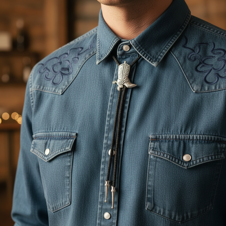 Cowboy Boot Bolo Tie on Blue Shirt