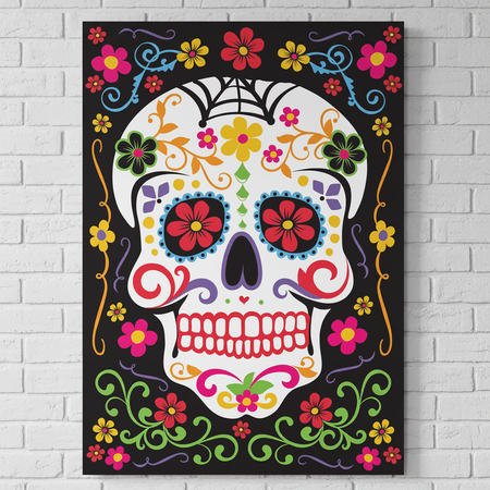 Day of the Dead Sugar Skull Poster on White Brick Wall