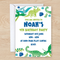 Dinosaur invitation and envelope on a natural wood background in square format