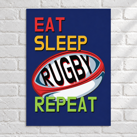 Eat Sleep Rugby Repeat poster with the same white brick wall background and lighting, in square format