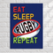 Eat Sleep Rugby Repeat poster with the same white brick wall background and lighting, in square format