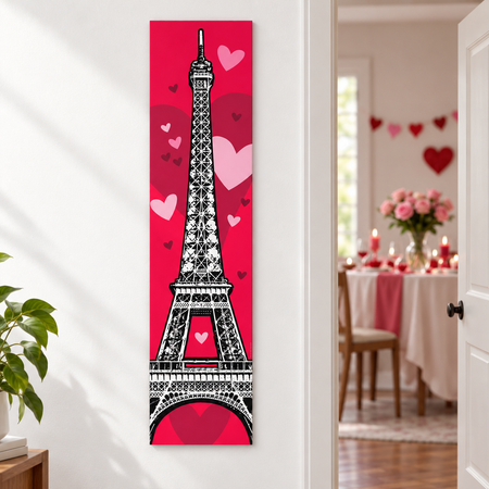 Eiffel Tower Valentine’s banner on a white wall beside an open door into a Valentine’s setup, with soft light and shade in square format