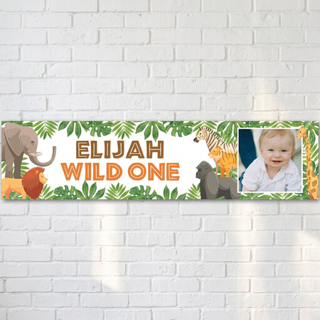 Elijah Wild One banner on a white brick wall with soft light and shade, in square format