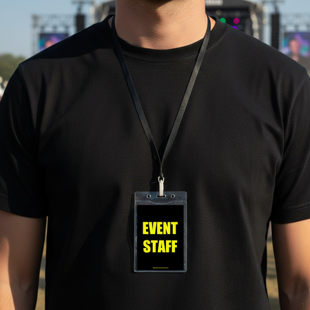 Event Staff Lanyard and Badge Worn Around Neck Close Up