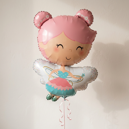 Fairy balloon floating with pink curling ribbon against a neutral wall with soft light and shade, close up in square format