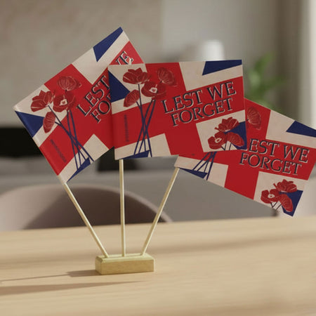 Remembrance Sunday 'Lest We Forget' Paper Table Flags - 15cm on 30cm Pole - Each