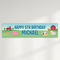 Farm birthday banner on a lightly textured white wall with soft natural light and shade, in square format