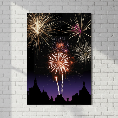 Fireworks A3 Poster on White Brick Wall