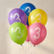 Five assorted number 3 birthday balloons floating with white curling ribbon against a neutral background, close up in square format