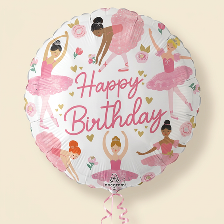 Floating ballerina Happy Birthday balloon with pink curling ribbon against a softly lit cream background, in square format