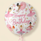 Floating ballerina Happy Birthday balloon with pink curling ribbon against a softly lit cream background, in square format