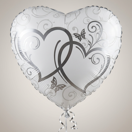 Floating heart-shaped balloon with silver curling ribbon against a neutral background, in square format