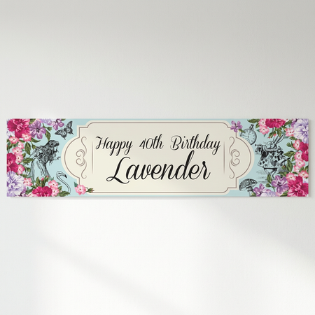 Floral birthday banner against a white wall with soft light and shade, in square format