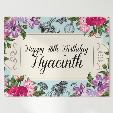 Floral birthday poster on a white wall with soft light and shade, in square format