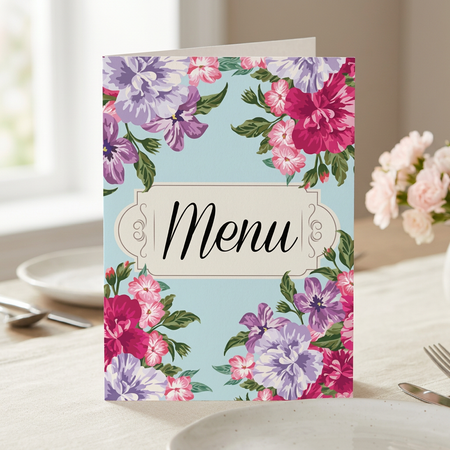 Floral menu standing on a Mother’s Day table, shown close up as the main focus in square format