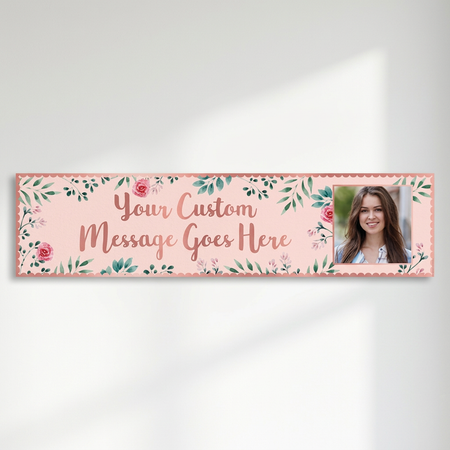 Floral personalised banner on a white wall with soft light and shade, in square format