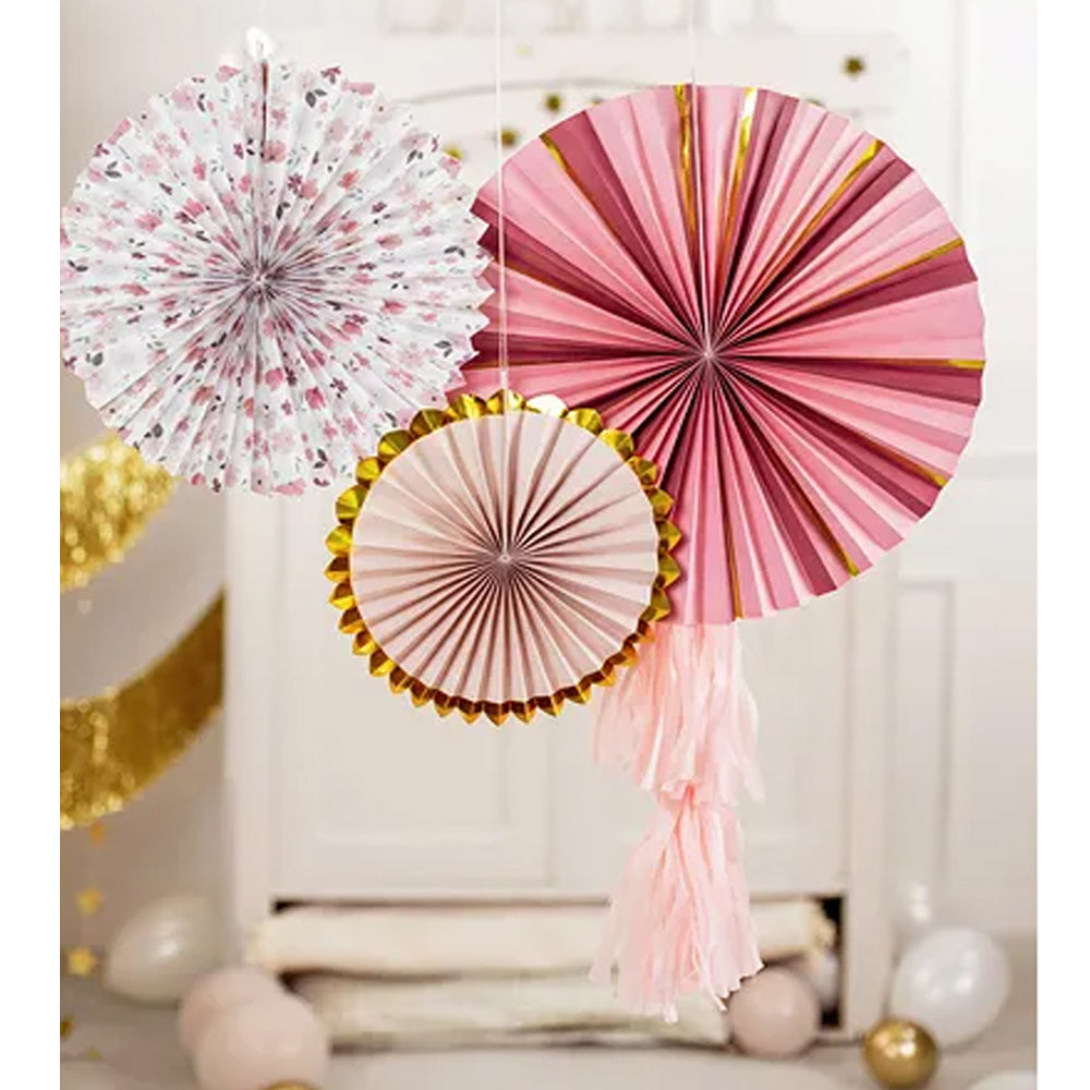 Pink Floral Paper Fan Decorations - Pack of 3