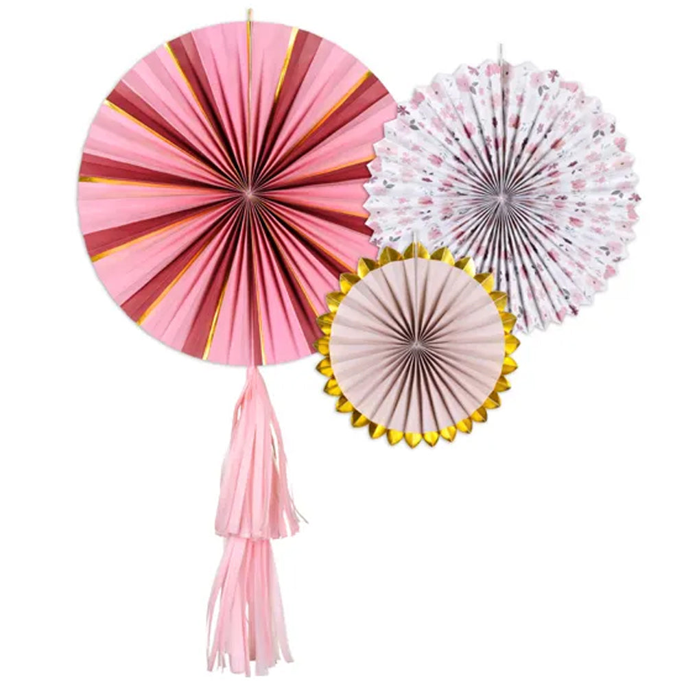 Pink Floral Paper Fan Decorations - Pack of 3