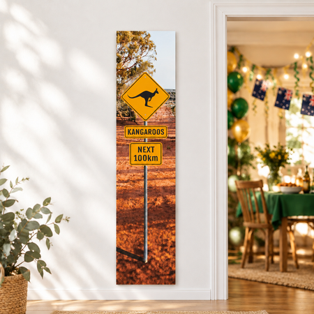 Full-length 1.2 m kangaroo banner beside a doorway