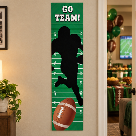 Full-length American football banner beside an open Super Bowl party doorway, in square format