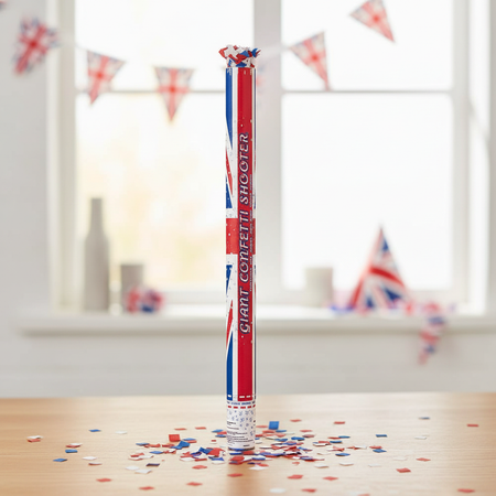 Giant Union Jack Confetti Shooter on Table Daylight