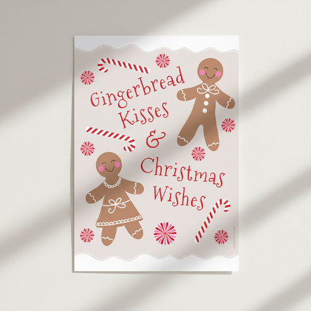 Gingerbread Kisses Christmas Poster on Off-White Wall
