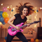 Girl Playing Neon Pink Inflatable Rock n Roll Guitar at Party