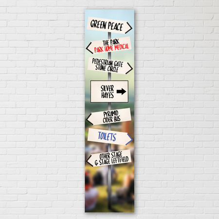 Glastonbury Signpost Banner on White Brick Wall