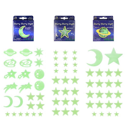 Glow in the Dark Star Stickers - 3 Assorted Designs - Pack of 24