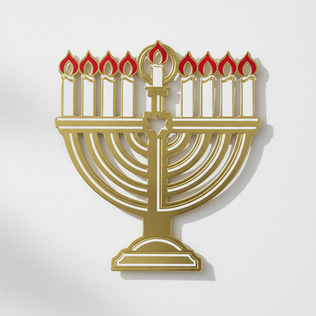Gold and red menorah cardboard cut-out on a white wall