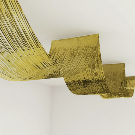 Gold fringe curtain with ceiling and background