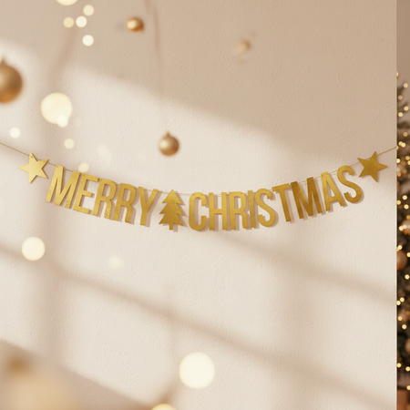 Gold Merry Christmas banner on a cream festive wall