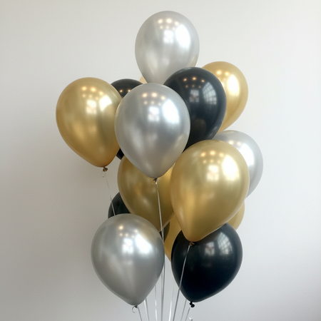 Gold Silver Black Chrome Latex Balloon Bunch with Grey Background