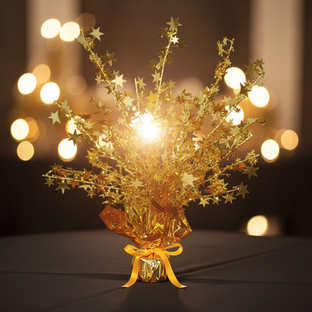 Gold Star Centrepiece on Black Tablecloth